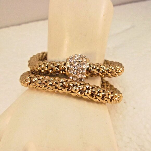 Gold Tone Stretch Metal Mesh Tube Rhinestone Bracelet 2 Piece Lot - Picture 6 of 15